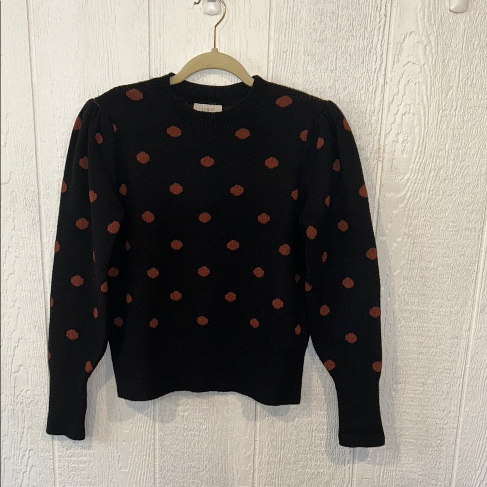 LOFT Black & Brown Polka Dot Sweater with Flounce Sleeves